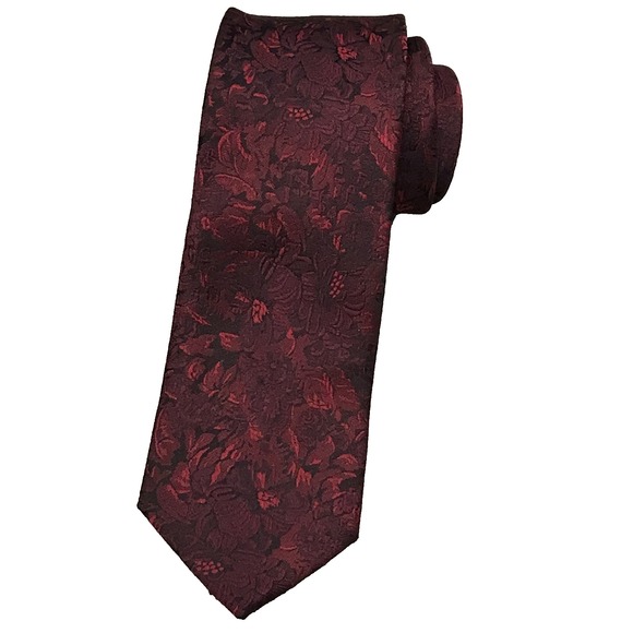 J.Ferrar Burgundy Black Floral Jacquard Men's Necktie Modern Slim Business - Picture 8 of 8